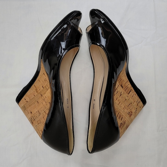Prada Black Patent Peep Toe Cork Wedge Pumps Size 8 - Picture 4 of 7